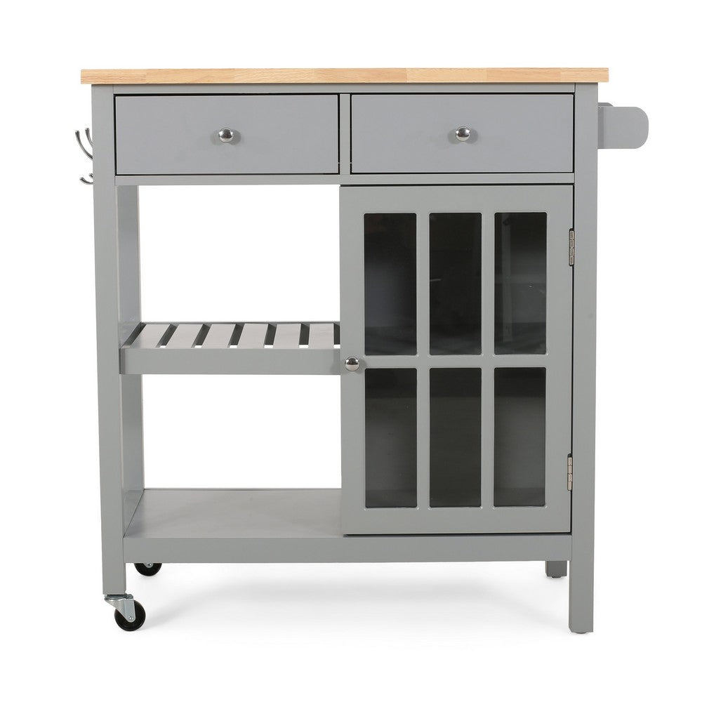 Rolling Kitchen Island Bar Cart, 1 Glass Door, Gray n Natural Brown -BM325981
