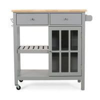 Rolling Kitchen Island Bar Cart, 1 Glass Door, Gray n Natural Brown -BM325981