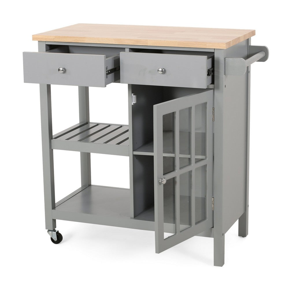 Rolling Kitchen Island Bar Cart, 1 Glass Door, Gray n Natural Brown -BM325981