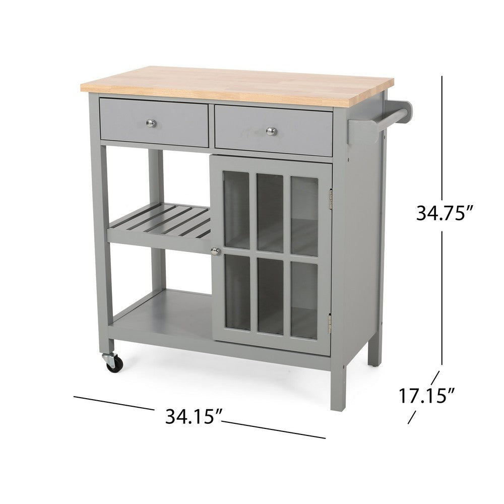 Rolling Kitchen Island Bar Cart, 1 Glass Door, Gray n Natural Brown -BM325981