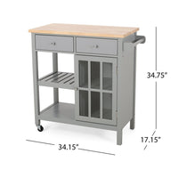 Rolling Kitchen Island Bar Cart, 1 Glass Door, Gray n Natural Brown -BM325981