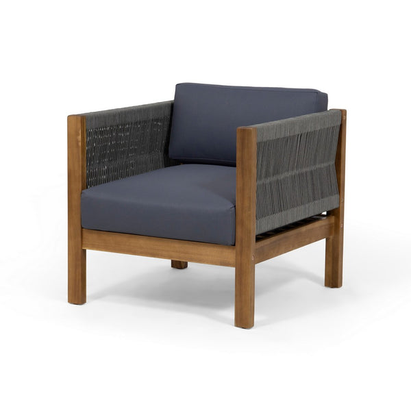 Club Lounge Chair, Woven Rattan Rope, Brown Acacia Wood, Gray Fabric -BM325984