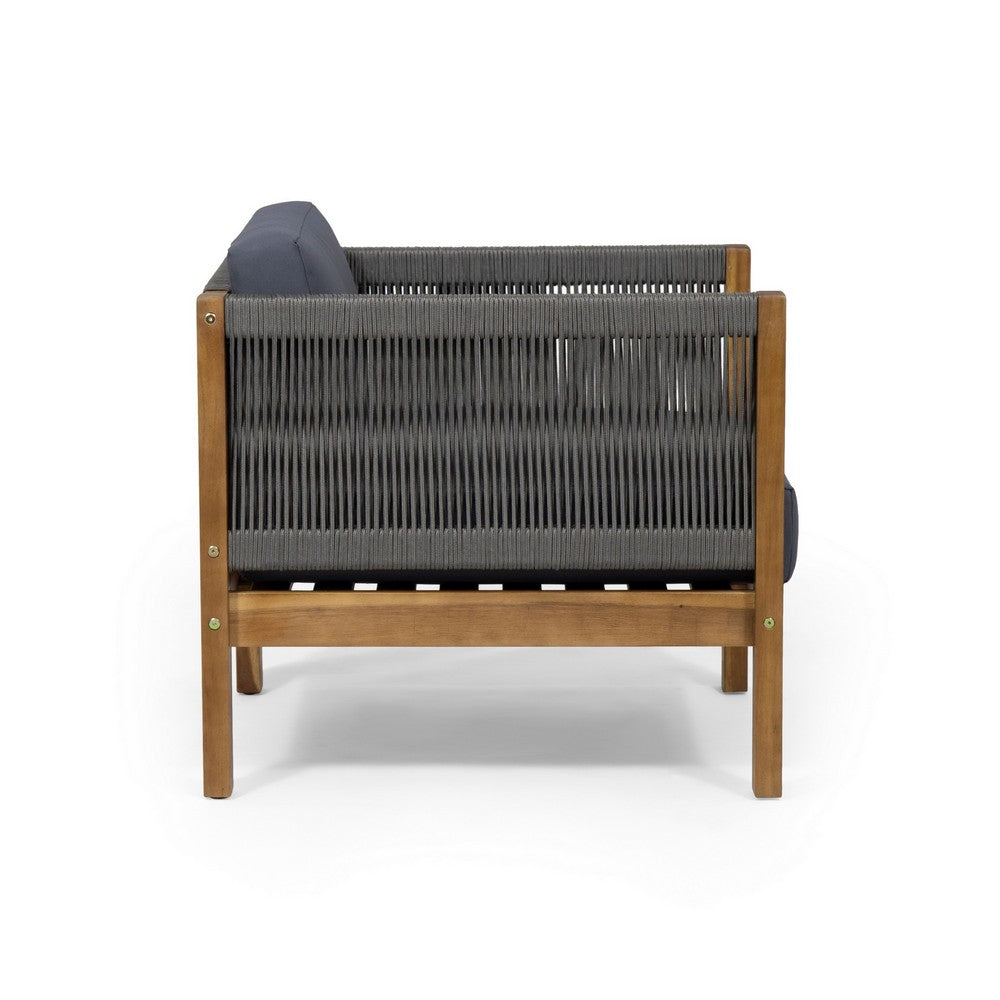 Club Lounge Chair, Woven Rattan Rope, Brown Acacia Wood, Gray Fabric -BM325984