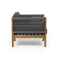 Club Lounge Chair, Woven Rattan Rope, Brown Acacia Wood, Gray Fabric -BM325984
