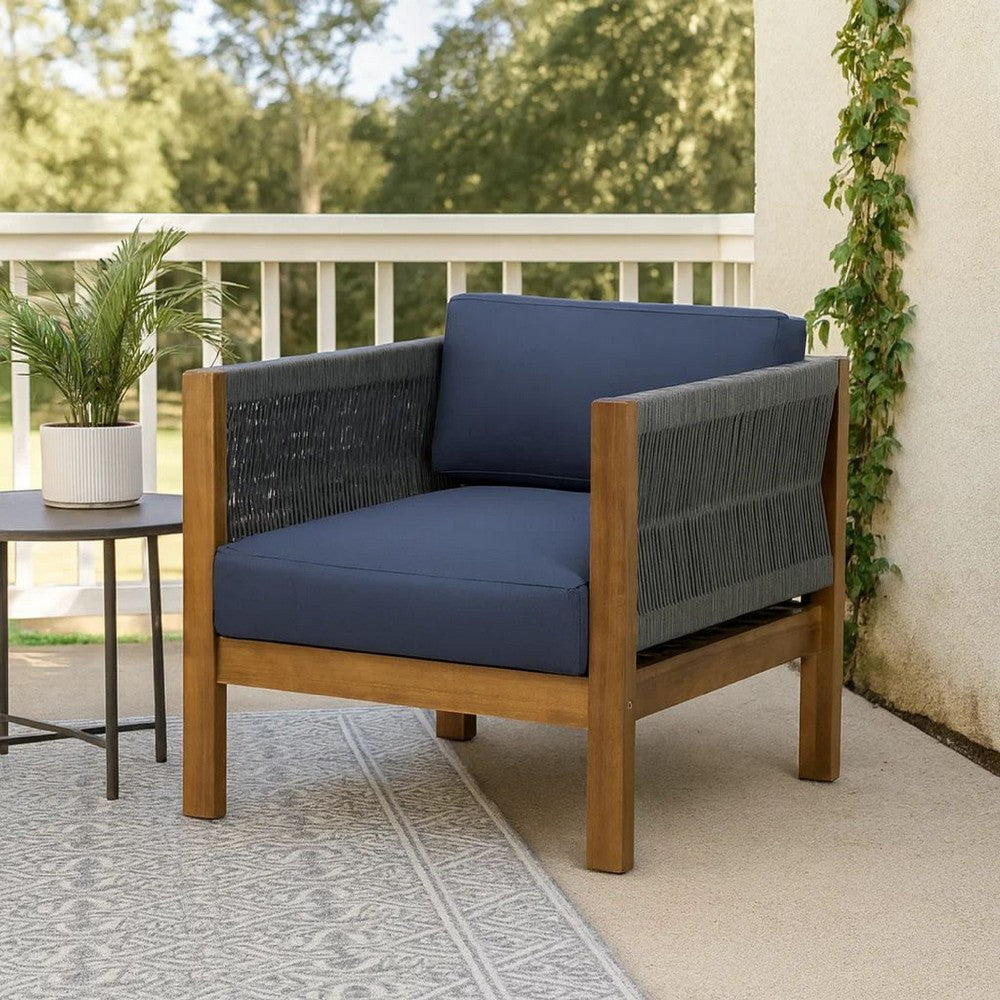 Club Lounge Chair, Woven Rattan Rope, Brown Acacia Wood, Gray Fabric -BM325984