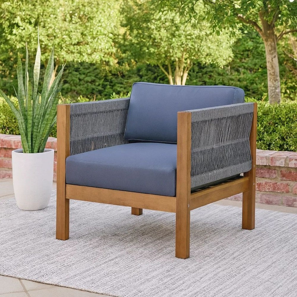 Club Lounge Chair, Woven Rattan Rope, Brown Acacia Wood, Gray Fabric -BM325984