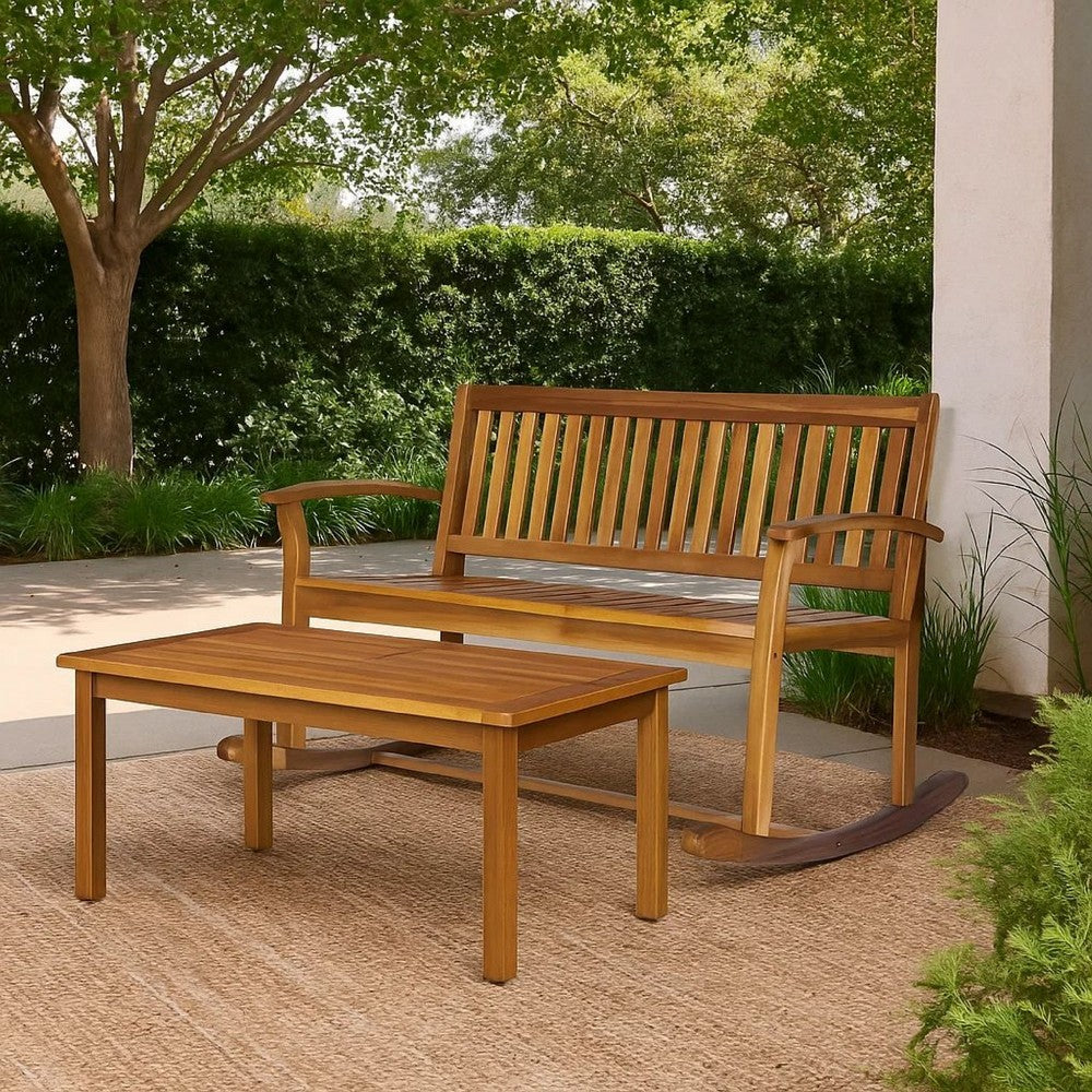 Outdoor Rocking Loveseat Bench, 50 Inch, Natural Brown Acacia Wood -BM325986