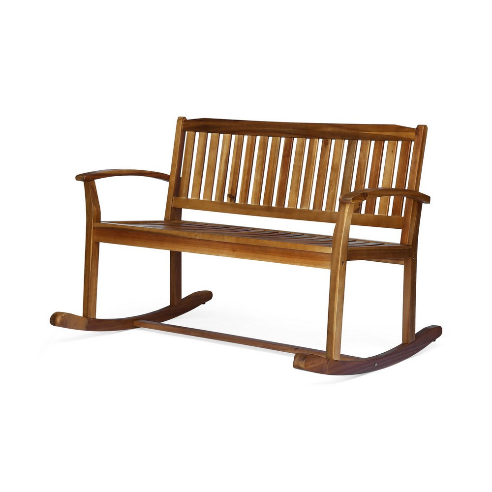 Outdoor Rocking Loveseat Bench, 50 Inch, Natural Brown Acacia Wood -BM325986