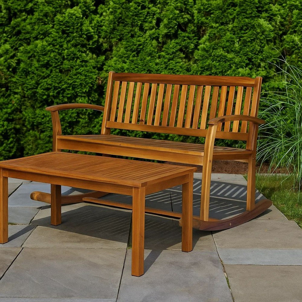Outdoor Rocking Loveseat Bench, 50 Inch, Natural Brown Acacia Wood -BM325986