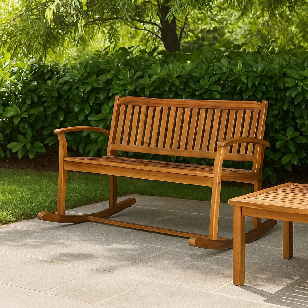 Outdoor Rocking Loveseat Bench, 50 Inch, Natural Brown Acacia Wood -BM325986