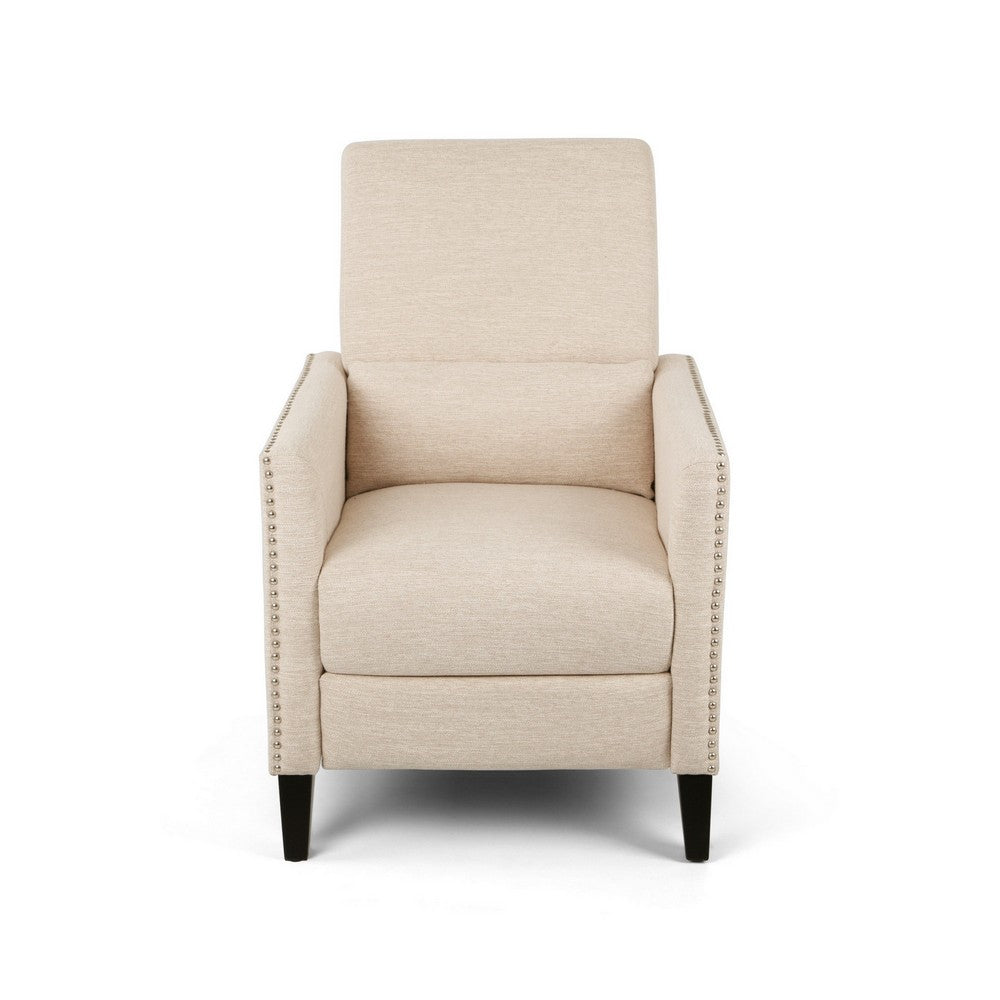 Push Back Manual Recliner Chair, Nailhead Trim Accent, Beige Fabric -BM325989