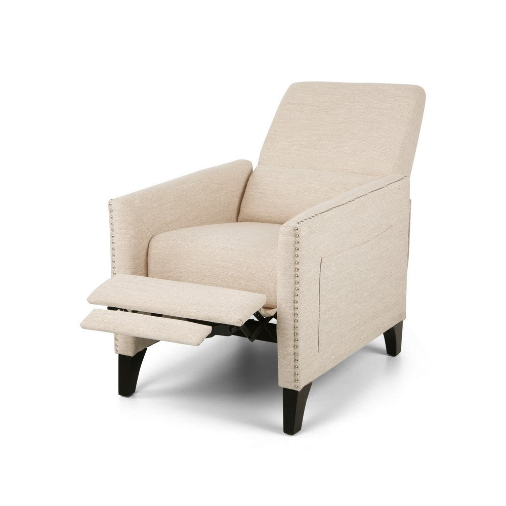 Push Back Manual Recliner Chair, Nailhead Trim Accent, Beige Fabric -BM325989