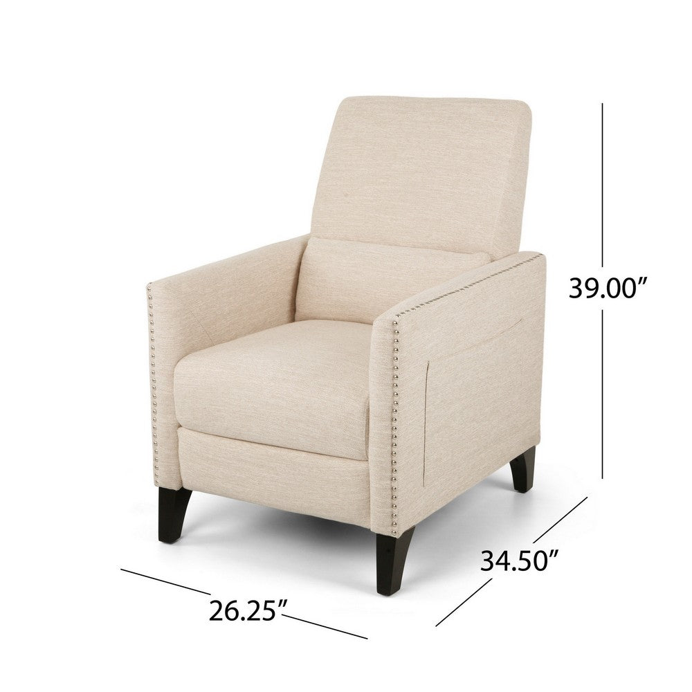Push Back Manual Recliner Chair, Nailhead Trim Accent, Beige Fabric -BM325989
