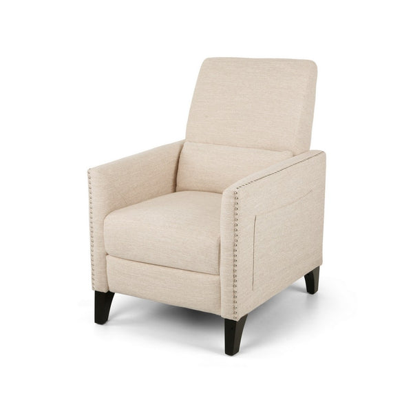 Push Back Manual Recliner Chair, Nailhead Trim Accent, Beige Fabric -BM325989