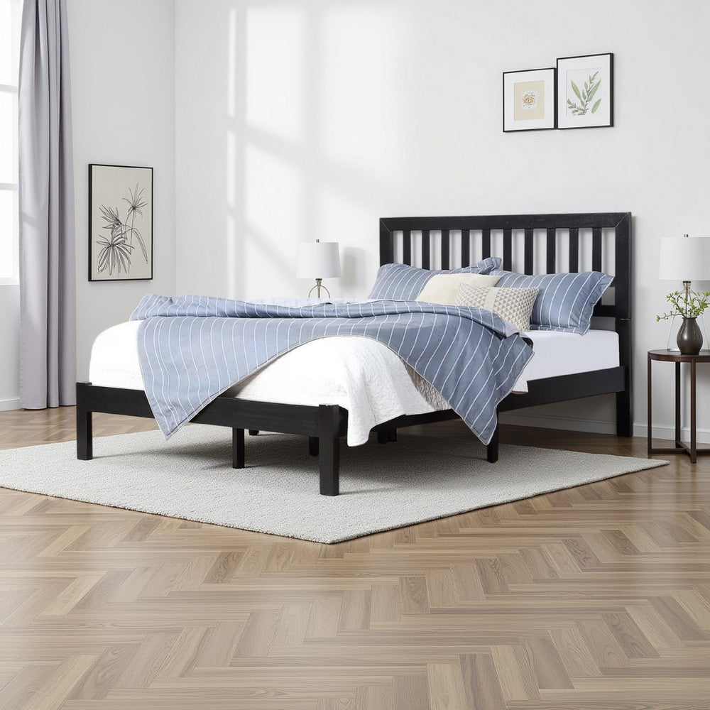 Queen Size Bed, Slatted Headboard, Platform, Classic Black Acacia Wood -BM325990
