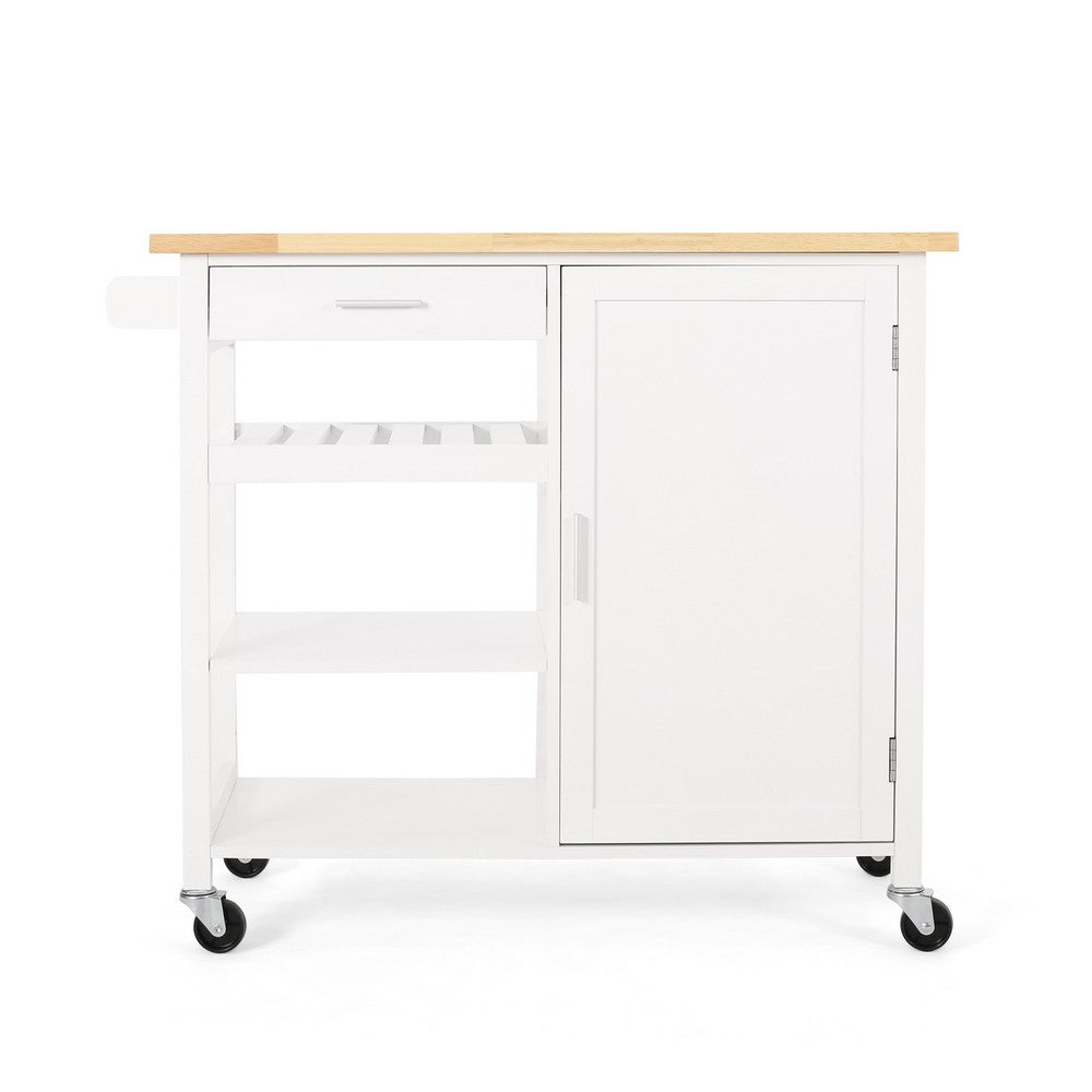 Alex Rolling Kitchen Island Bar Cart with Shelves, Brown Wood, White -BM325993