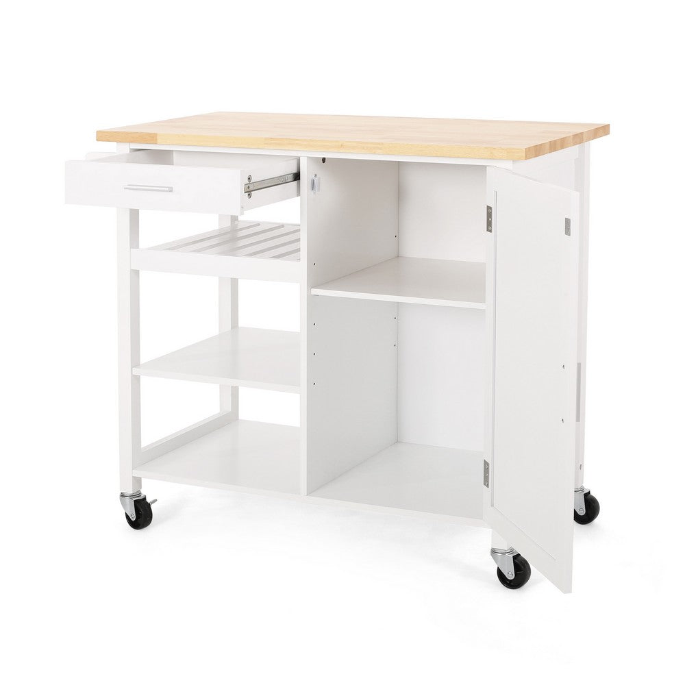 Alex Rolling Kitchen Island Bar Cart with Shelves, Brown Wood, White -BM325993