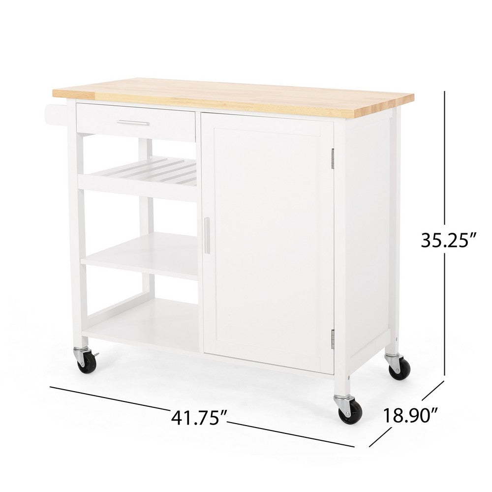 Alex Rolling Kitchen Island Bar Cart with Shelves, Brown Wood, White -BM325993