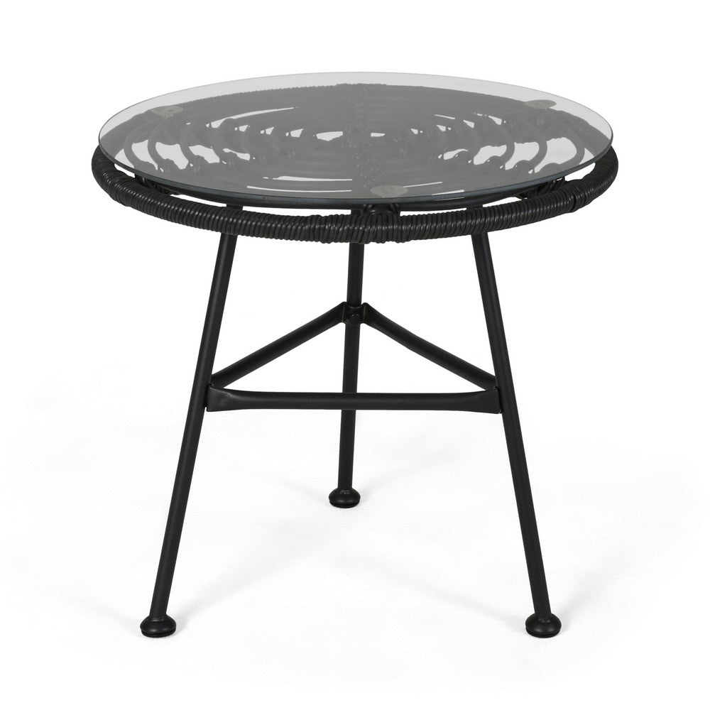 Tee Outdoor Side End Table, 20 Inch Rattan Weave with Glass Top, Gray -BM325994