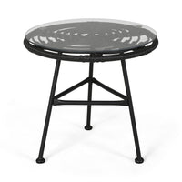 Tee Outdoor Side End Table, 20 Inch Rattan Weave with Glass Top, Gray -BM325994
