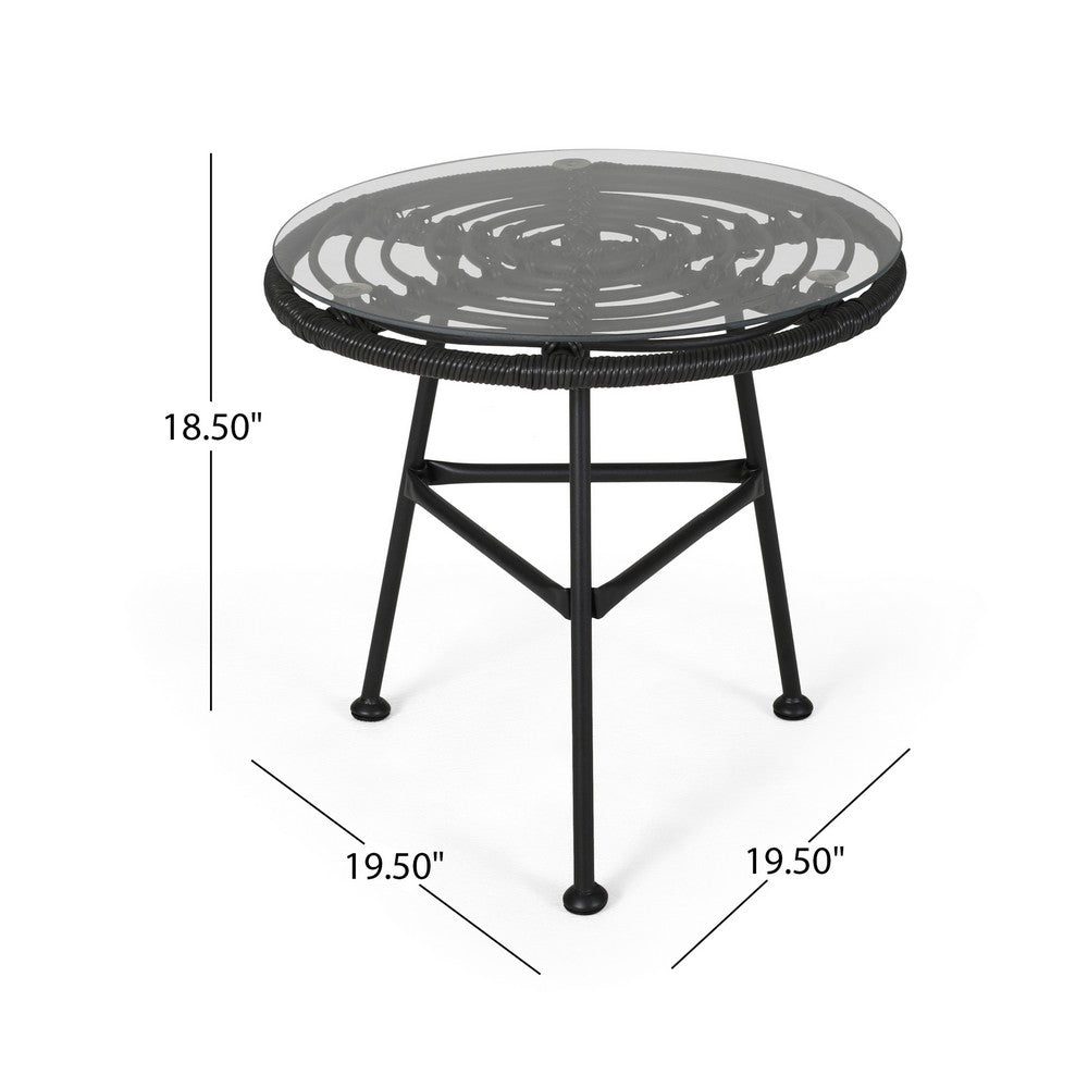 Tee Outdoor Side End Table, 20 Inch Rattan Weave with Glass Top, Gray -BM325994