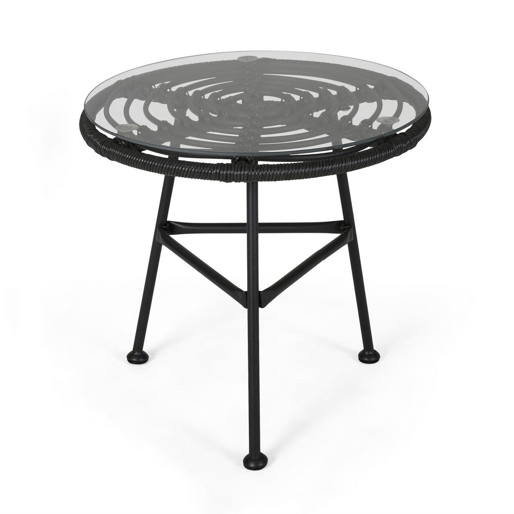Tee Outdoor Side End Table, 20 Inch Rattan Weave with Glass Top, Gray -BM325994