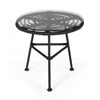 Tee Outdoor Side End Table, 20 Inch Rattan Weave with Glass Top, Gray -BM325994