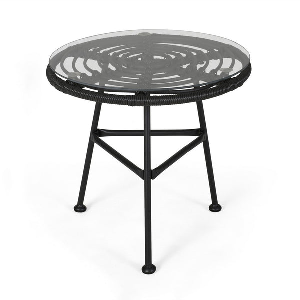 Tee Outdoor Side End Table, 20 Inch Rattan Weave with Glass Top, Gray -BM325994