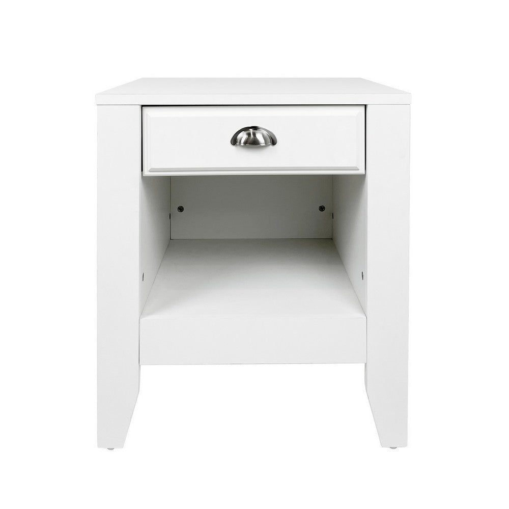 Crown Bedside Table Nightstand, 21 Inch w Drawer n Shelf, White MDF -BM325997