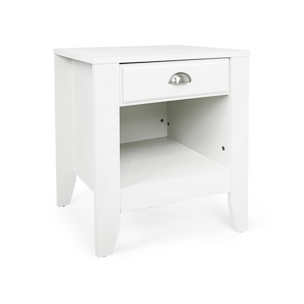 Crown Bedside Table Nightstand, 21 Inch w Drawer n Shelf, White MDF -BM325997