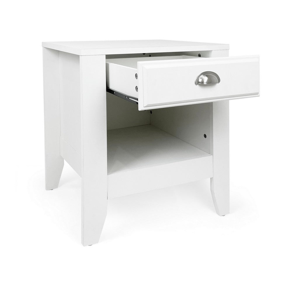 Crown Bedside Table Nightstand, 21 Inch w Drawer n Shelf, White MDF -BM325997