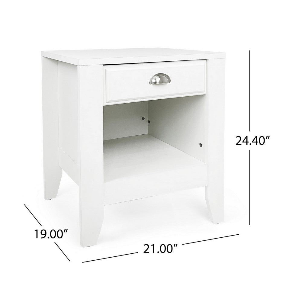 Crown Bedside Table Nightstand, 21 Inch w Drawer n Shelf, White MDF -BM325997