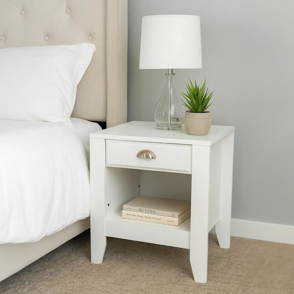 Crown Bedside Table Nightstand, 21 Inch w Drawer n Shelf, White MDF -BM325997