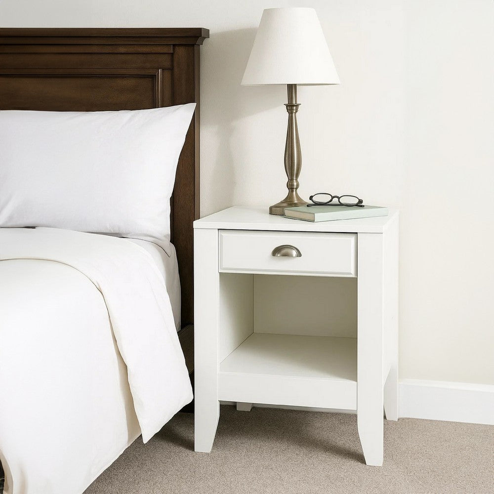 Crown Bedside Table Nightstand, 21 Inch w Drawer n Shelf, White MDF -BM325997