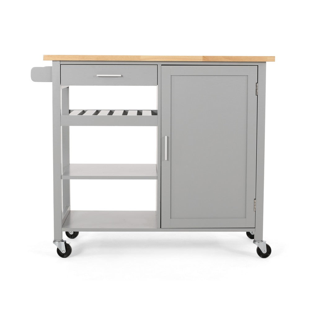 Alex Rolling Kitchen Bar Cart, 3 Shelves, 1 Cabinet, Brown Wood, Gray -BM326000