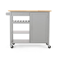 Alex Rolling Kitchen Bar Cart, 3 Shelves, 1 Cabinet, Brown Wood, Gray -BM326000