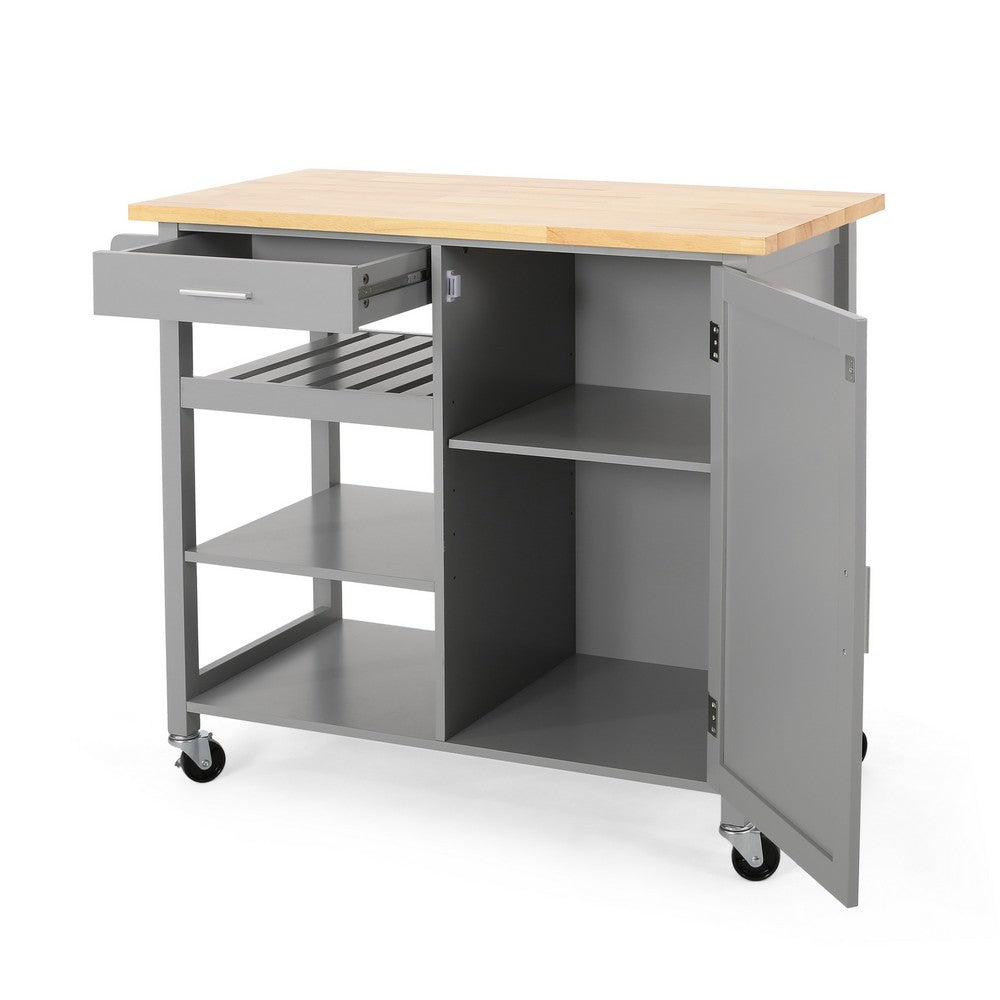 Alex Rolling Kitchen Bar Cart, 3 Shelves, 1 Cabinet, Brown Wood, Gray -BM326000