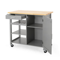 Alex Rolling Kitchen Bar Cart, 3 Shelves, 1 Cabinet, Brown Wood, Gray -BM326000