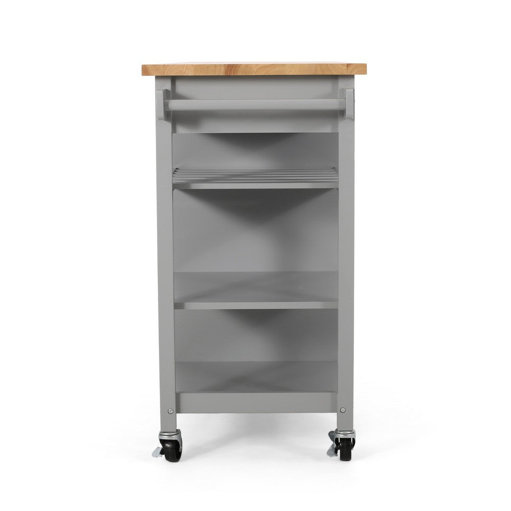 Alex Rolling Kitchen Bar Cart, 3 Shelves, 1 Cabinet, Brown Wood, Gray -BM326000