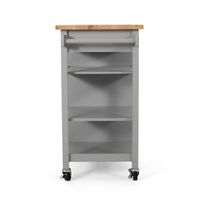 Alex Rolling Kitchen Bar Cart, 3 Shelves, 1 Cabinet, Brown Wood, Gray -BM326000