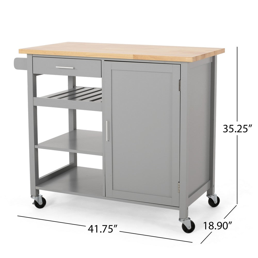 Alex Rolling Kitchen Bar Cart, 3 Shelves, 1 Cabinet, Brown Wood, Gray -BM326000