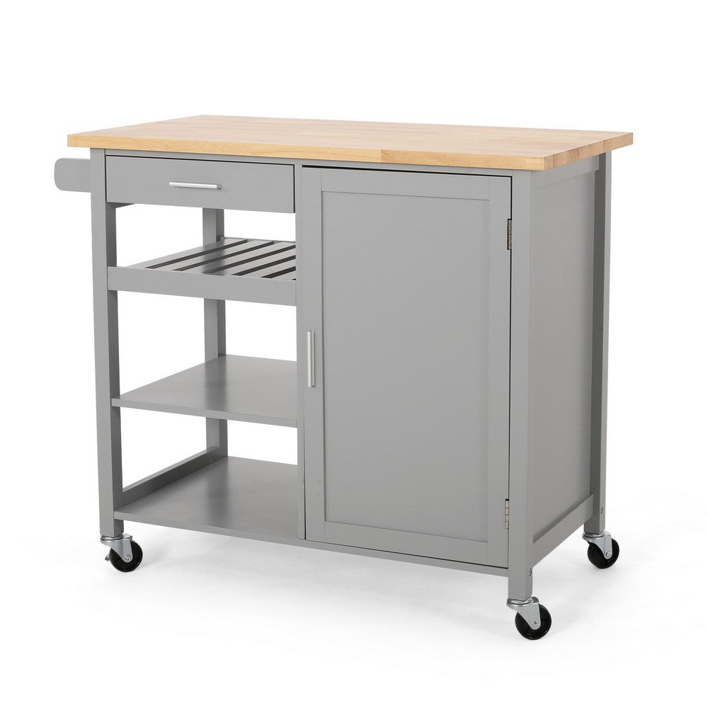 Alex Rolling Kitchen Bar Cart, 3 Shelves, 1 Cabinet, Brown Wood, Gray -BM326000