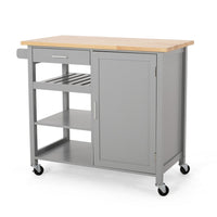 Alex Rolling Kitchen Bar Cart, 3 Shelves, 1 Cabinet, Brown Wood, Gray -BM326000