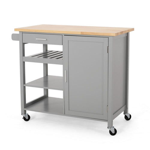 Alex Rolling Kitchen Bar Cart, 3 Shelves, 1 Cabinet, Brown Wood, Gray