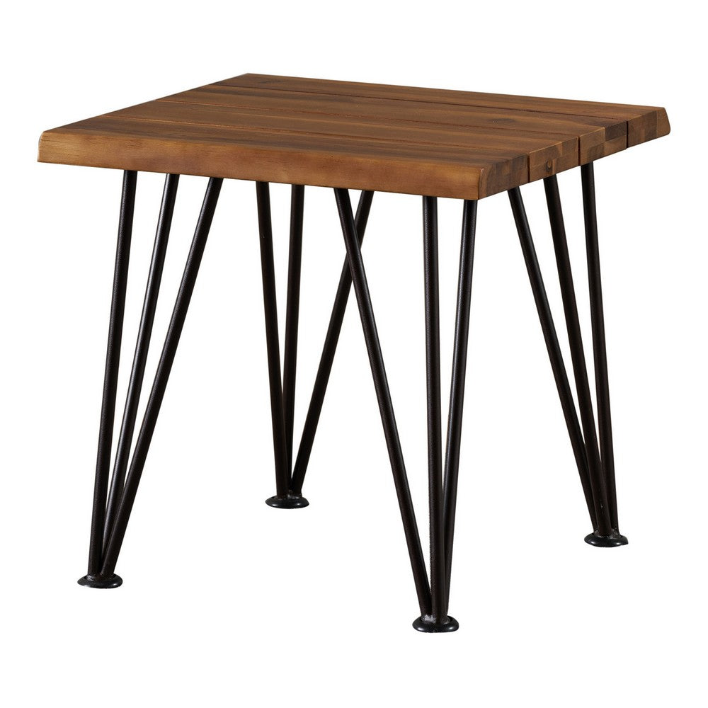 Zion Outdoor Accent Table, 18 Inch Square, Hairpin Legs, Brown Wood -BM326001