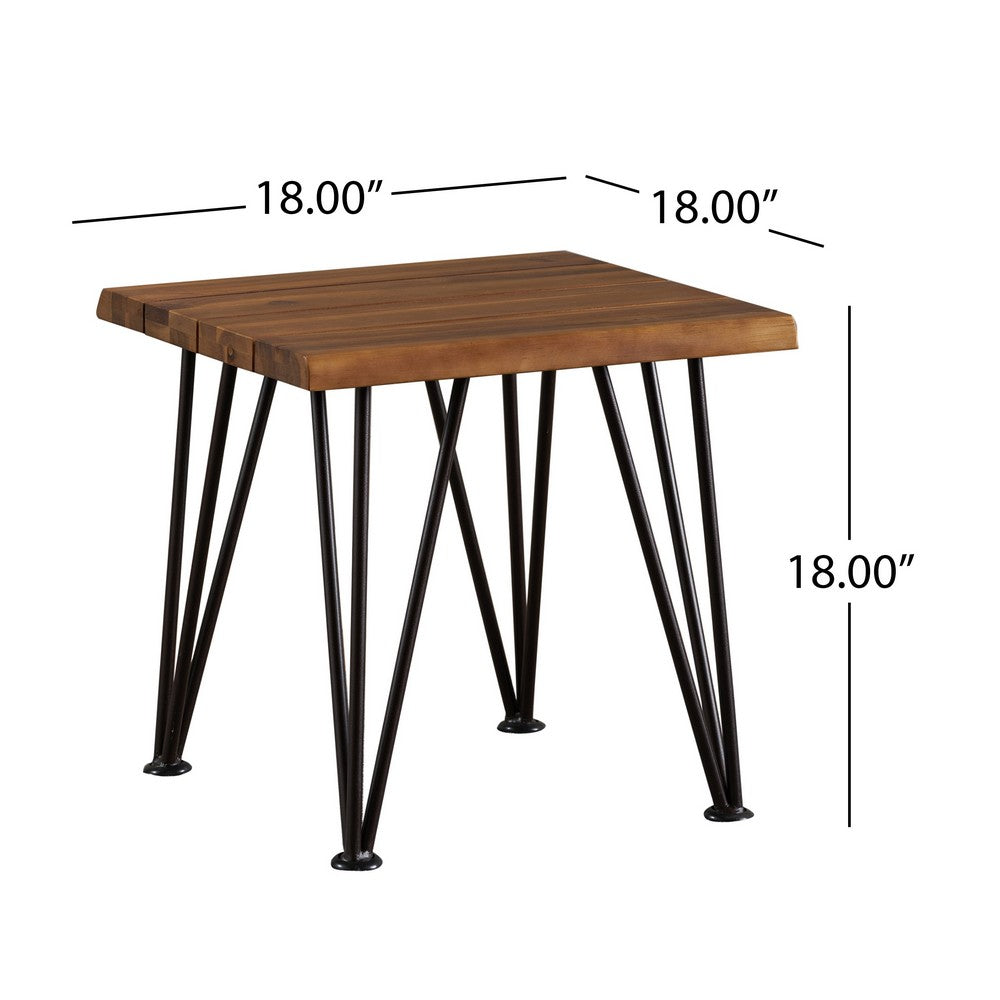 Zion Outdoor Accent Table, 18 Inch Square, Hairpin Legs, Brown Wood -BM326001