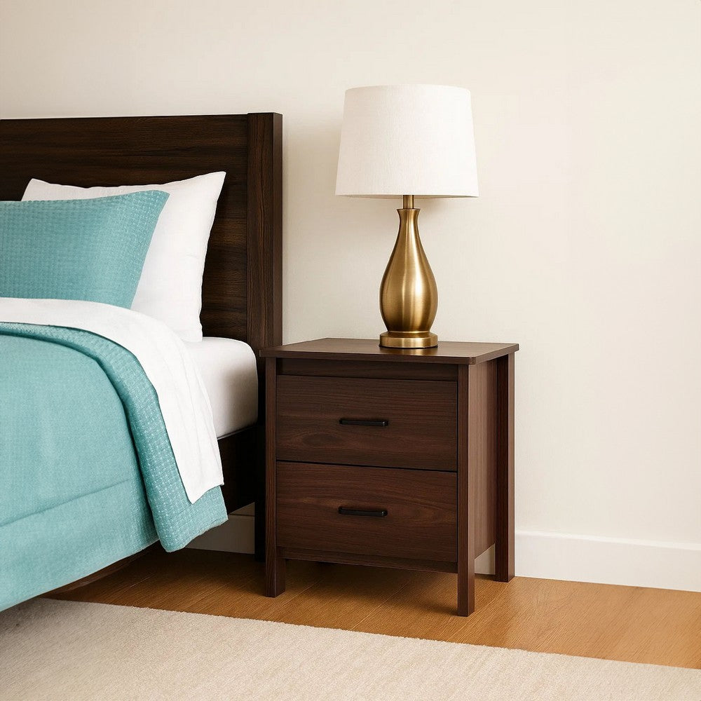 Bedside Nightstand, 2 Drawers, Classic Faux Wood Dark Cherry Brown -BM326002
