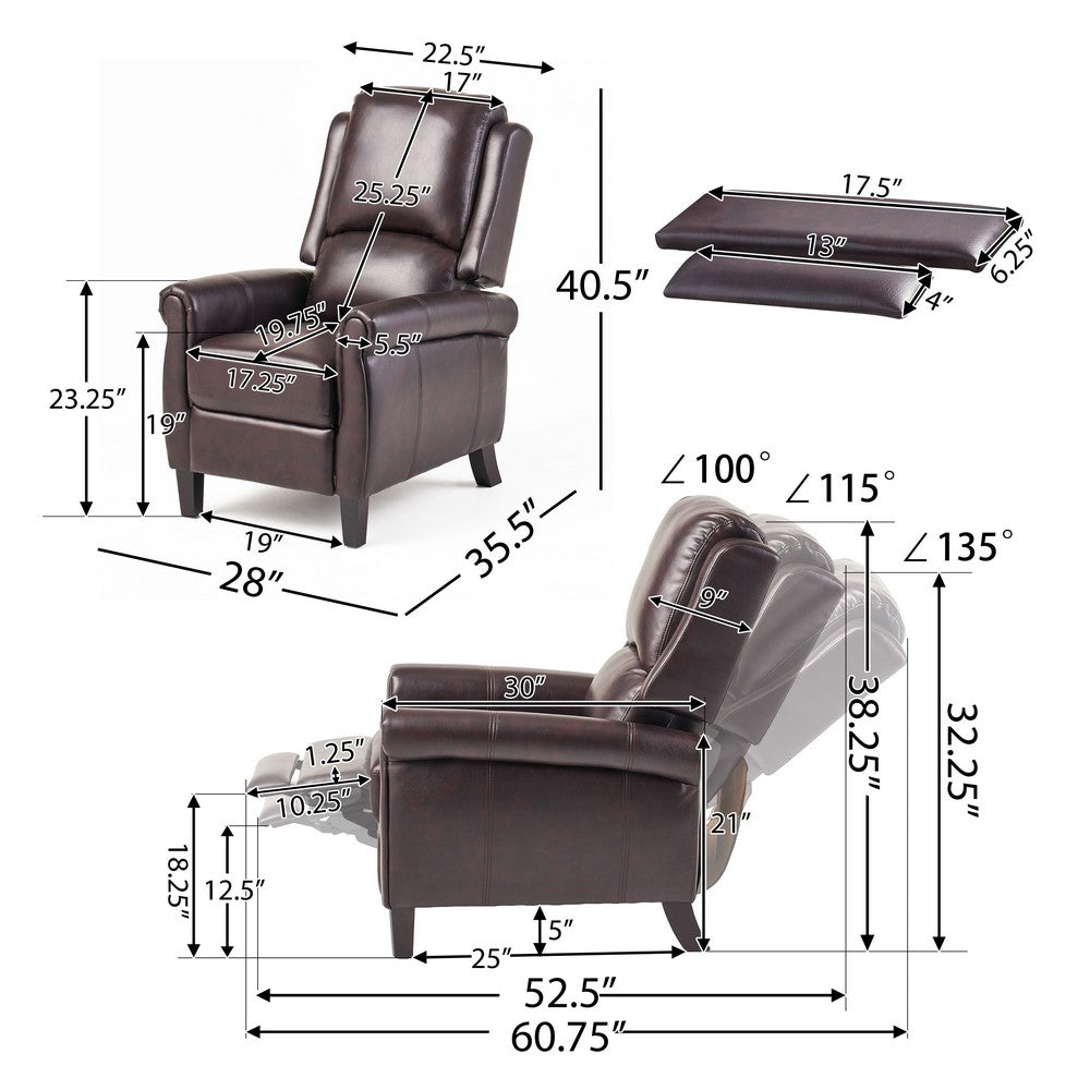 Manual Recliner Lounge Chair, Burgundy Brown Faux Leather Upholstery -BM326003