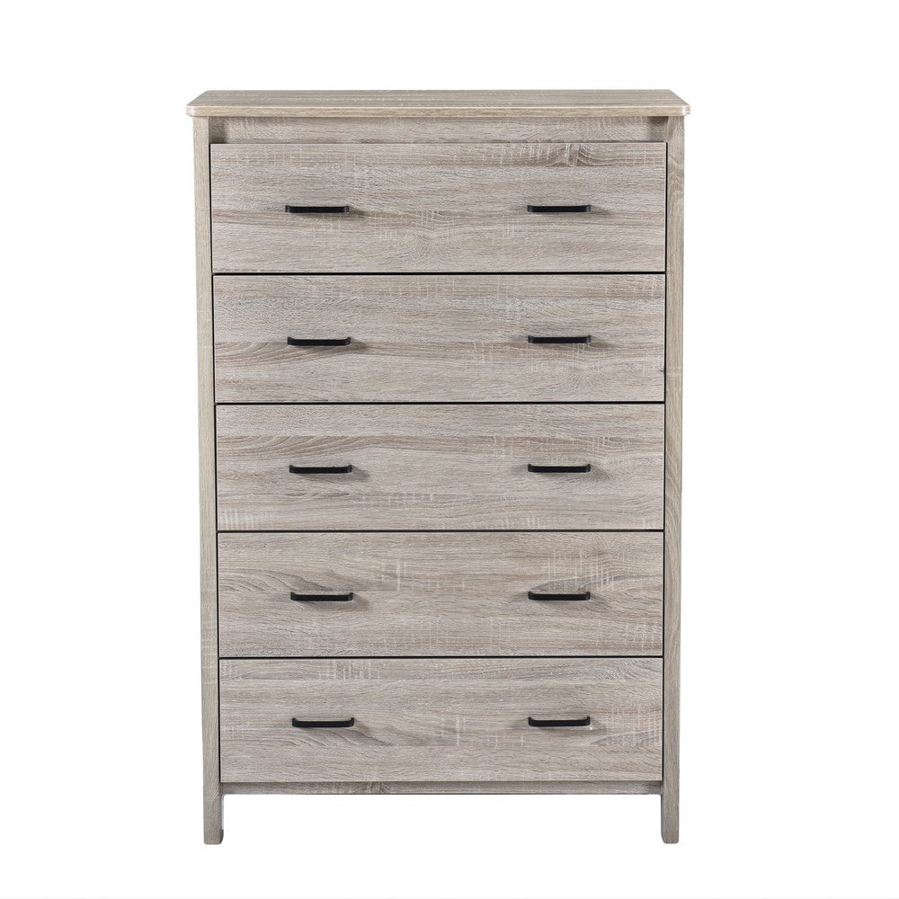 Sifa Tall Dresser Chest, 5 Drawers, Rustic Oak Gray MDF, Black Handles -BM326007