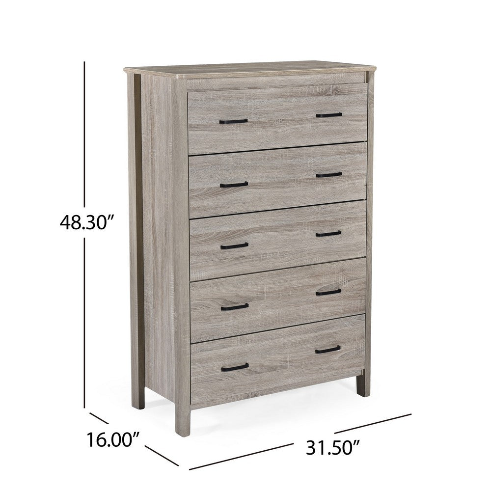 Sifa Tall Dresser Chest, 5 Drawers, Rustic Oak Gray MDF, Black Handles -BM326007